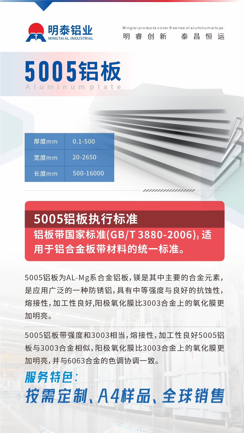 產(chǎn)品介紹

5005鋁板為AL-Mg系合金鋁板，鎂是其中主要的合金元素，是應(yīng)用廣泛的一種防銹鋁，具有中等強(qiáng)度與良好的抗蝕性，熔接性，加工性良好,陽(yáng)極氧化膜比3003合金上的氧化膜更加明亮。

5005鋁板帶強(qiáng)度和3003相當(dāng)，熔接性，加工性良好5005鋁板與3003合金相似，陽(yáng)極氧化膜比3003合金上的氧化膜更加明亮，并與6063合金的色調(diào)協(xié)調(diào)一致。服務(wù)特色：按需定制、A4樣品、全球銷售!

