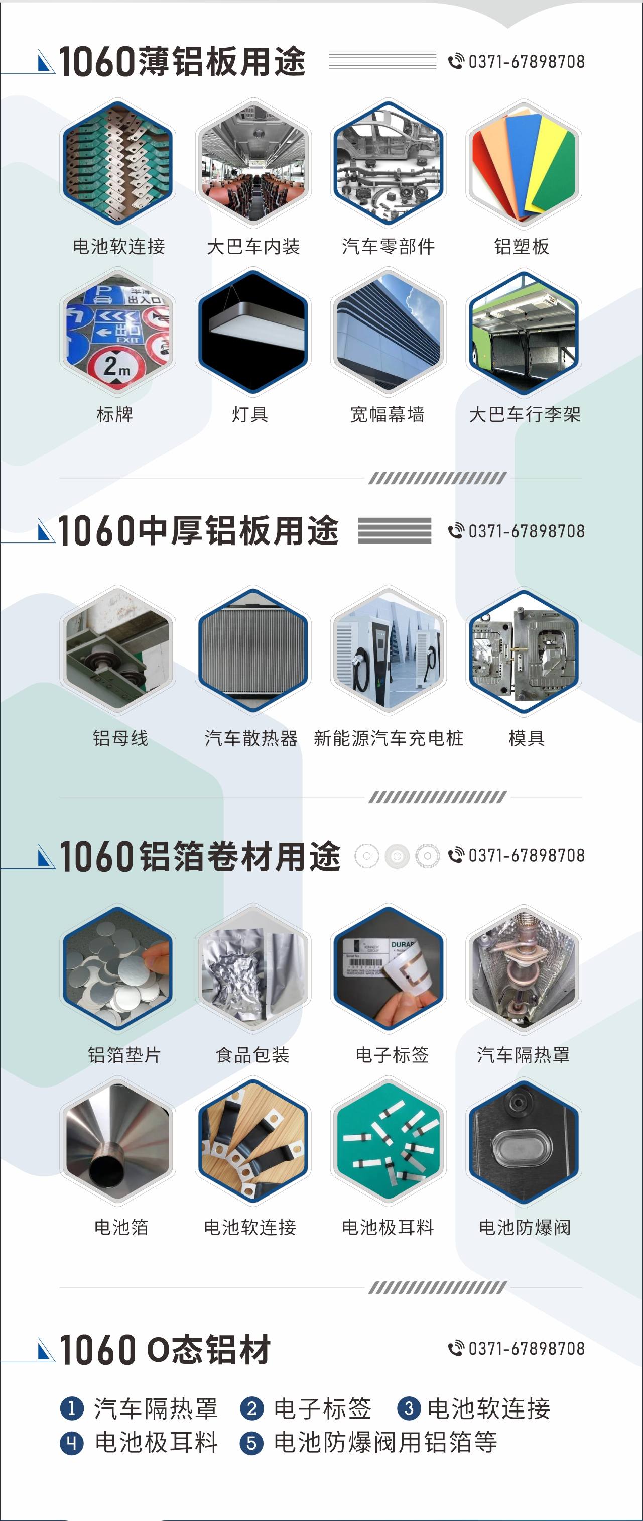 1060鋁板卷用途
　　1060鋁薄板用途： 電池軟連接、大巴車內(nèi)裝、汽車零部件、鋁塑板、標(biāo)牌、燈具、寬幅幕墻、大巴車行李架/地板/花紋板(宇通公司使用)等;1060中厚鋁板用途：鋁母線、汽車散熱器、新能源汽車充電樁、模具等;1060鋁箔卷材用途：鋁箔墊片、食品包裝、電子標(biāo)簽、汽車隔熱罩用鋁箔、電池箔、電池軟連接、電池極耳料、電池防爆閥等;1060-O態(tài)鋁材用途：汽車隔熱罩、電子標(biāo)簽、電池軟連接、電池極耳料、電池防爆閥用鋁箔等;1060鋁板多少錢1噸.1060鋁板價格=發(fā)貨當(dāng)天長江鋁錠價+加工費