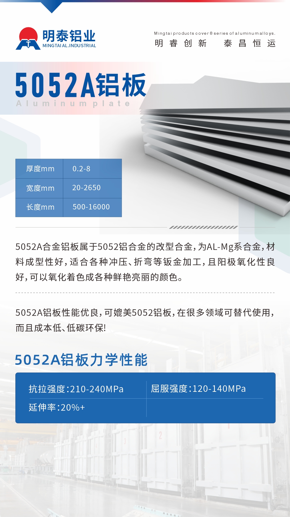 5052A合金鋁板屬于5052鋁合金的改型合金，為AL-Mg系合金，材料成型性好，適合各種沖壓、折彎等鈑金加工，且陽(yáng)極氧化性良好，可以氧化著色成各種鮮艷亮麗的顏色。5052A鋁板性能優(yōu)良，可媲美5052鋁板，在很多領(lǐng)域可替代使用，而且成本低、低碳環(huán)保!5052A鋁板力學(xué)性能抗拉強(qiáng)度：210-240MPa屈服強(qiáng)度：120-140MPa延伸率：20%+