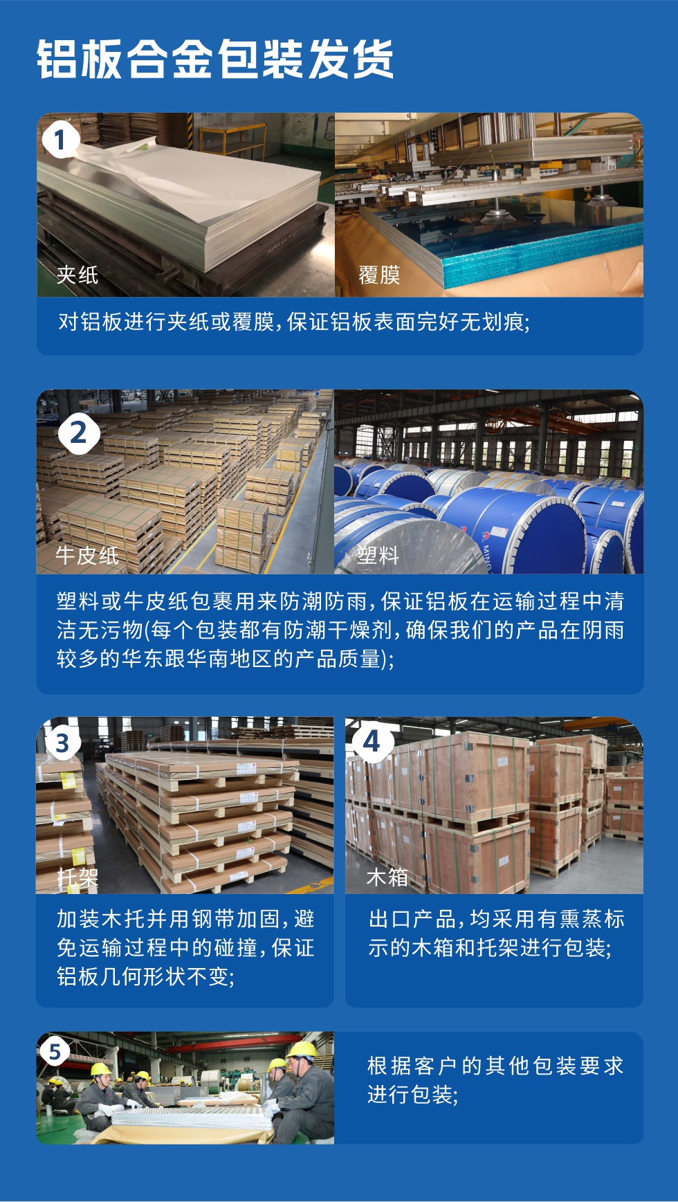 鋁板合金包裝發(fā)貨
　　1、對(duì)鋁板進(jìn)行夾紙或覆膜，保證鋁板表面完好無劃痕；
　　2、塑料或牛皮紙包裹用來防潮防雨，保證鋁板在運(yùn)輸過程中清潔無污物(每個(gè)包裝都有防潮干燥劑，確保我們的產(chǎn)品在陰雨較多的華東跟華南地區(qū)的產(chǎn)品質(zhì)量)；
　　3、加裝木托并用鋼帶加固，避免運(yùn)輸過程中的碰撞，保證鋁板幾何形狀不變；
　　4、出口產(chǎn)品，均采用有熏蒸標(biāo)示的木箱和托架進(jìn)行包裝；
　　5、根據(jù)客戶的其他包裝要求進(jìn)行包裝。

